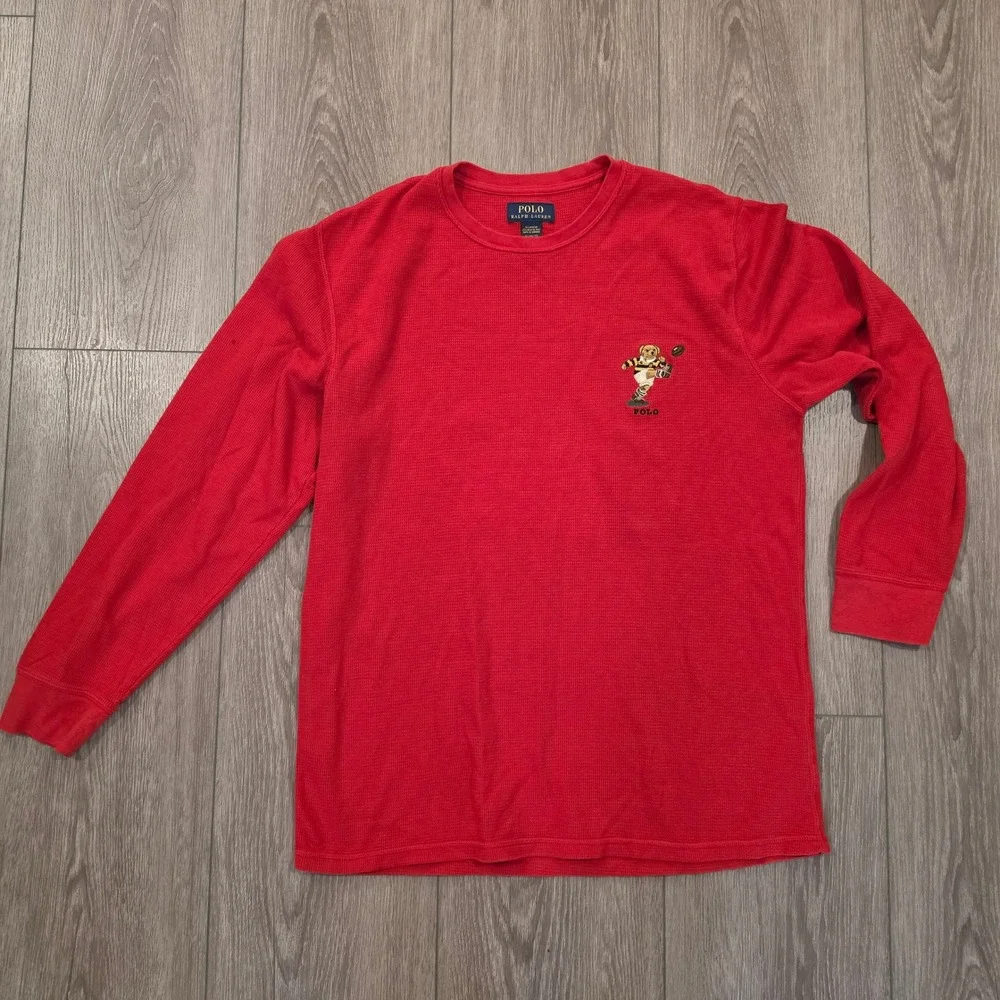 Polo Ralph Lauren Red Waffle Knit Thermal Long Sleeve Polo Bear Rugby Shirt XL